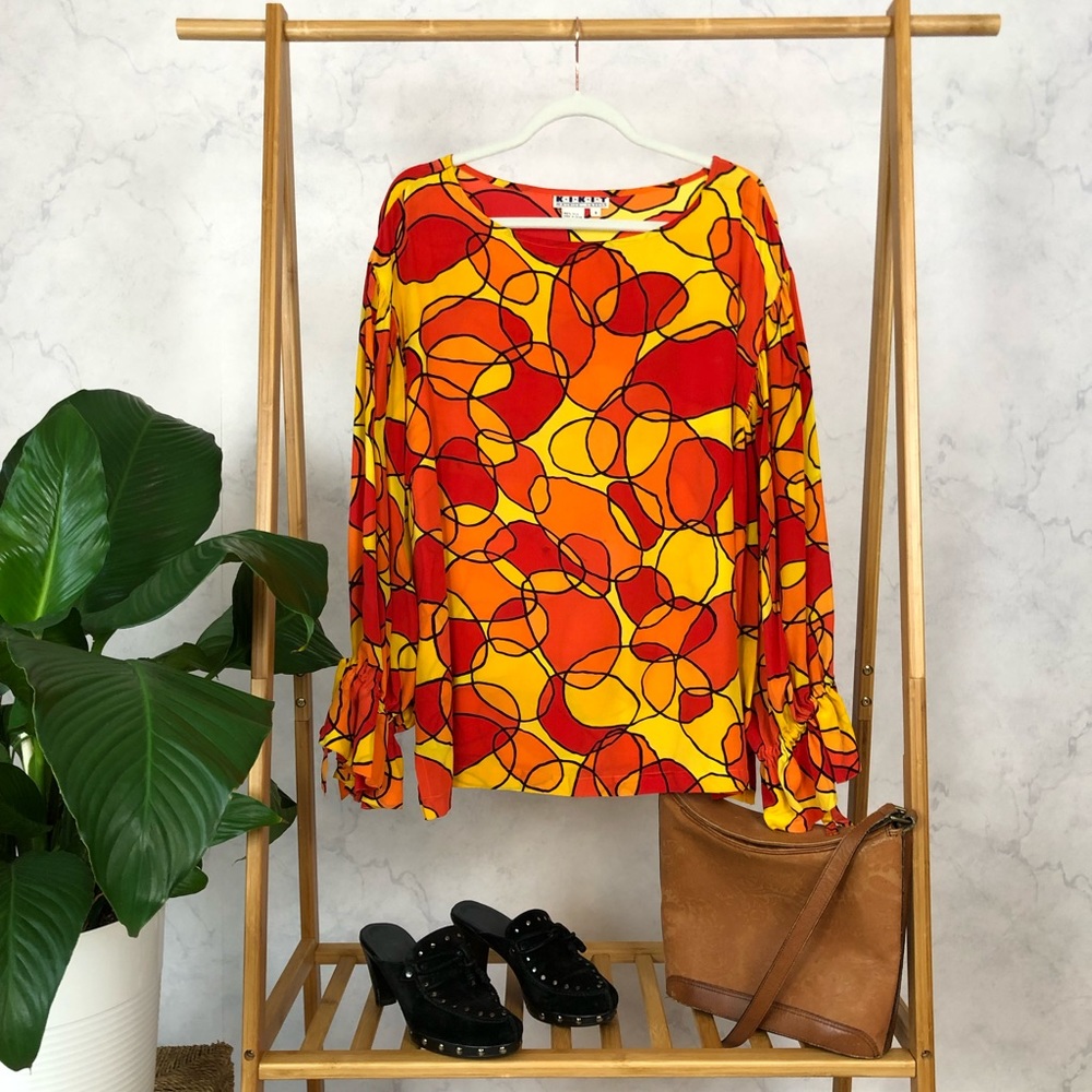 Vintage 80s Silk Balloon Sleeve Abstract Print Top